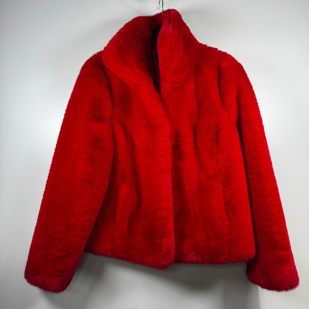 INC International Concepts Women's L Red Faux Fur Jacket Stand Collar Coat Y2K